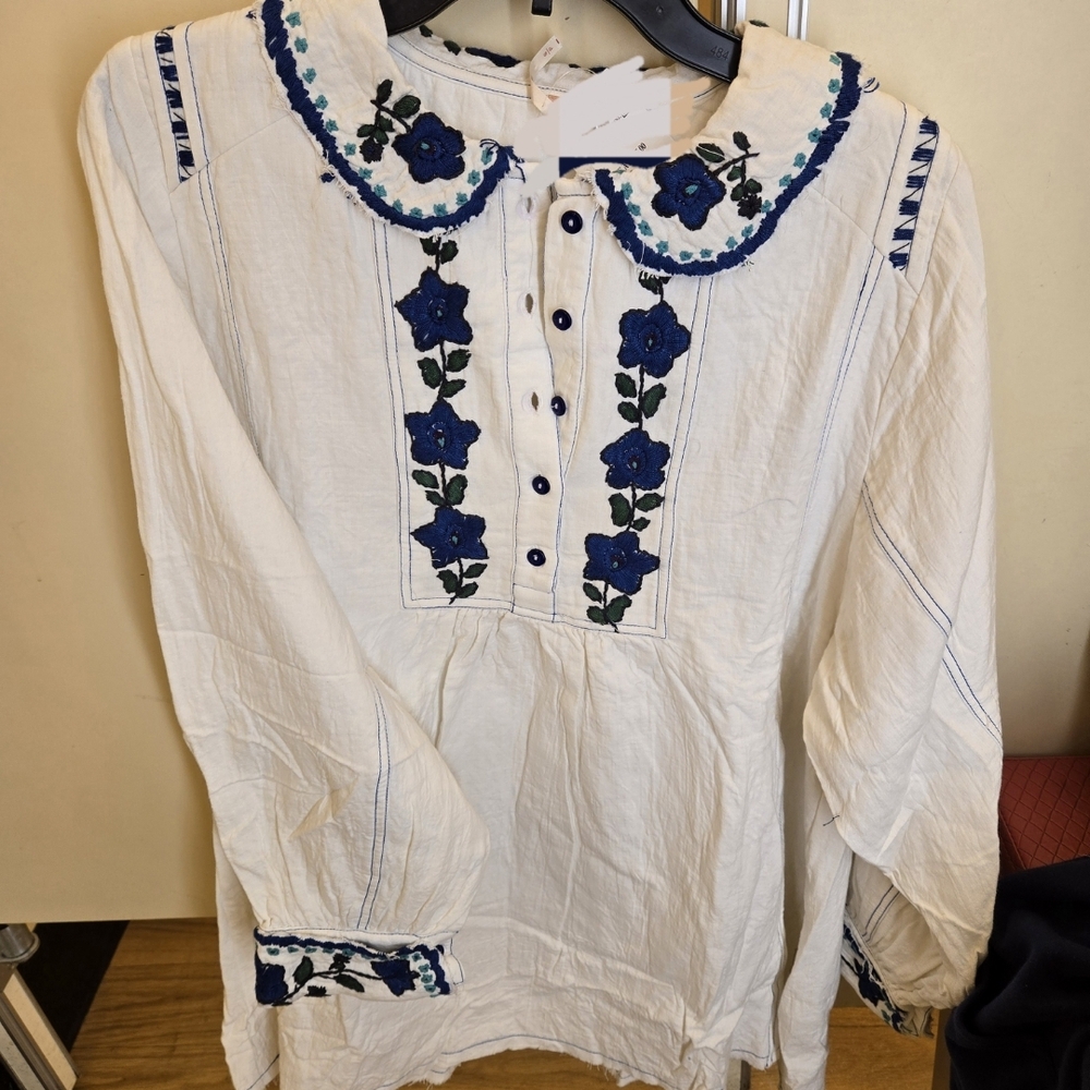 White Blouse with Blue Floral Embroidery